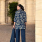 Elegant Crepe Silk Co-Ord Set with Pastel Floral Digital Print & Matching Scarf -Navy Blue