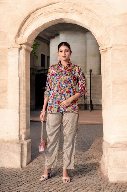 Elegant Crepe Silk Co-Ord Set with Pastel Floral Digital Print & Matching Scarf-Beige