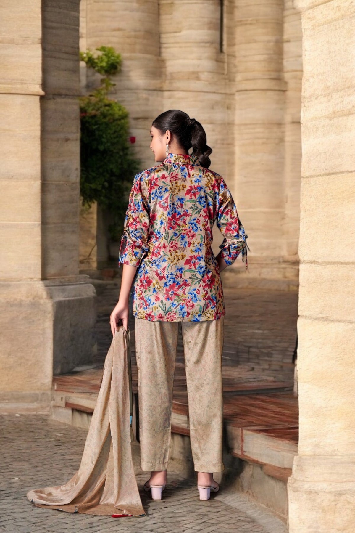 Elegant Crepe Silk Co-Ord Set with Pastel Floral Digital Print & Matching Scarf-Beige