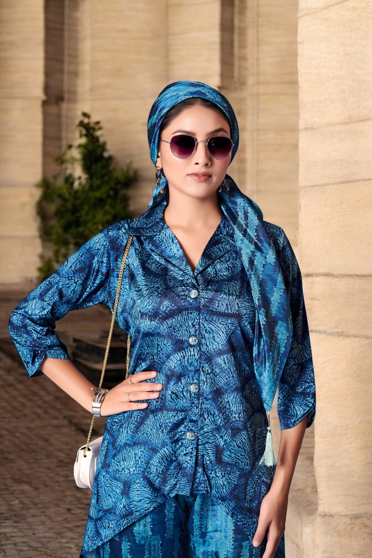 Elegant Crepe Silk Co-Ord Set with Pastel Floral Digital Print & Matching Scarf -Dark Blue