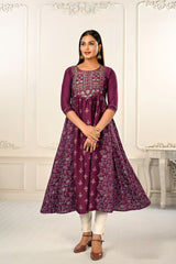 Wine Cotton with Handprint Embroidered Kurtis - jivora