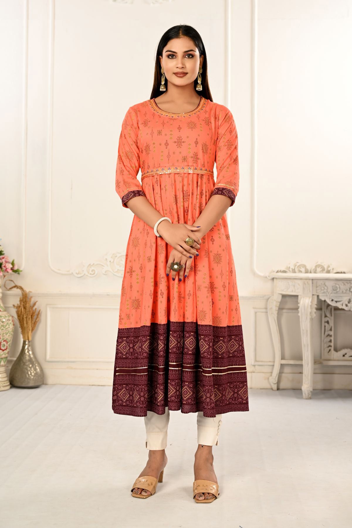 Orange Cotton with Handprint Embroidered Kurtis - jivora