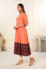 Orange Cotton with Handprint Embroidered Kurtis - jivora