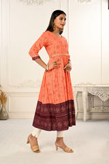 Orange Cotton with Handprint Embroidered Kurtis - jivora