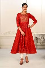 Red Cotton with Handprint Embroidered Kurtis - jivora