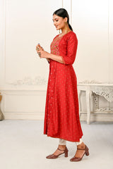 Red Cotton with Handprint Embroidered Kurtis - jivora