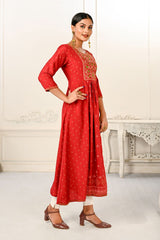 Red Cotton with Handprint Embroidered Kurtis - jivora