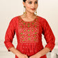 Red Cotton with Handprint Embroidered Kurtis - jivora