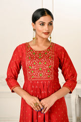 Red Cotton with Handprint Embroidered Kurtis - jivora