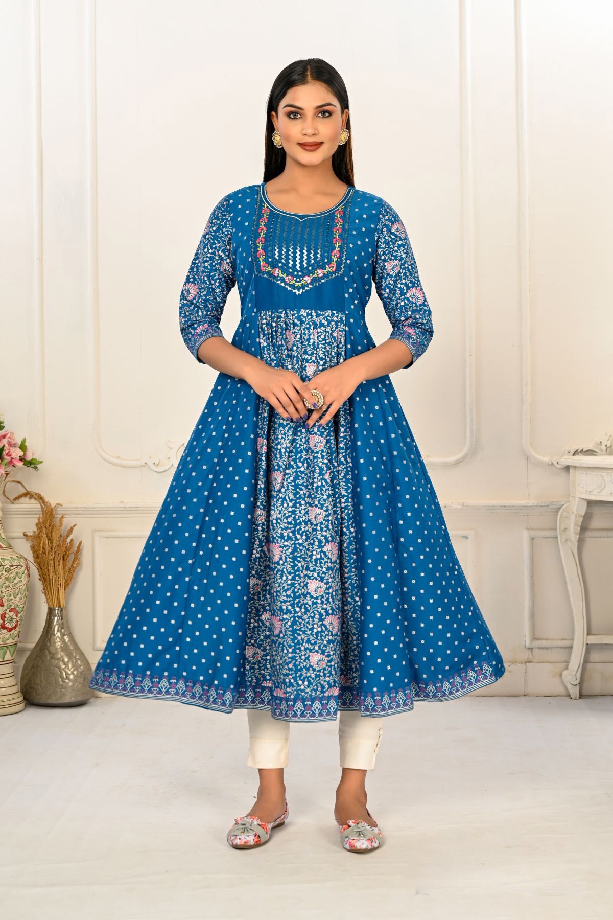 Blue Cotton with Handprint Embroidered Kurtis - jivora