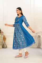 Blue Cotton with Handprint Embroidered Kurtis - jivora