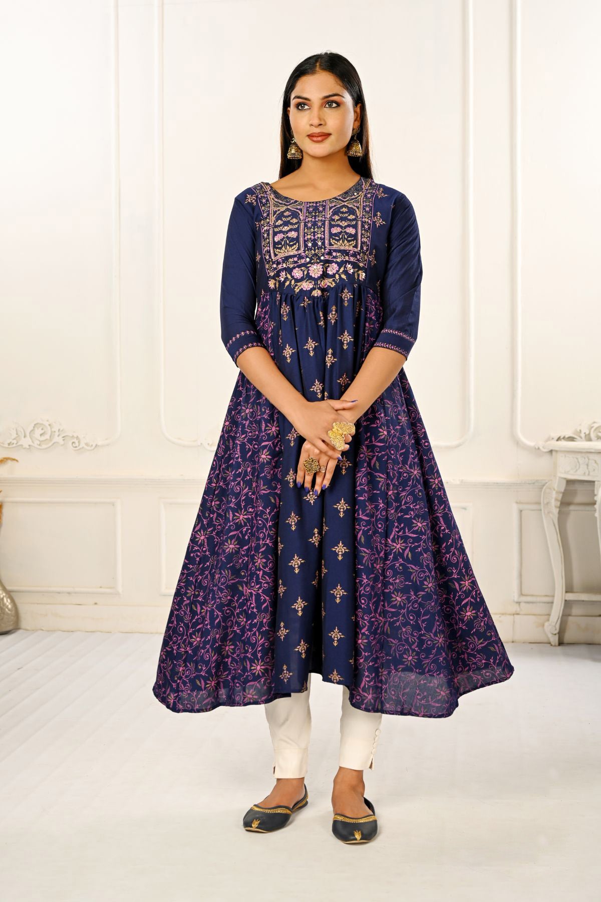 Purple Cotton with Handprint Embroidered Kurtis - jivora