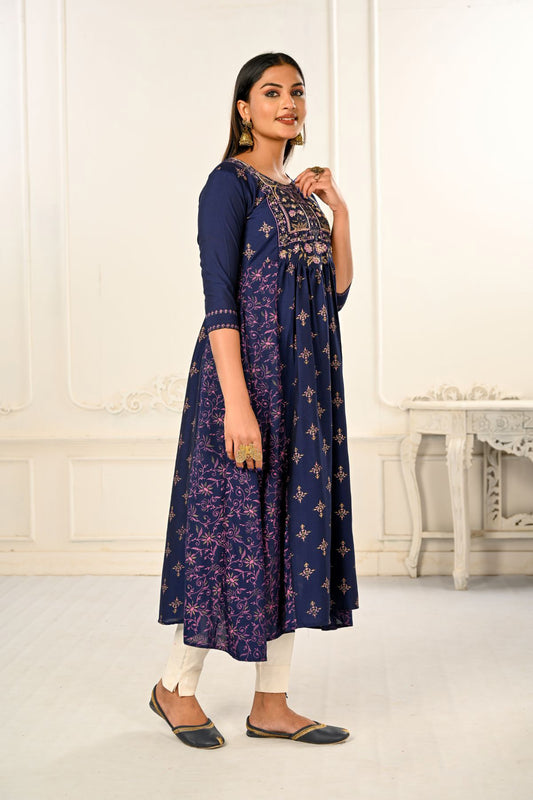 Purple Cotton with Handprint Embroidered Kurtis - jivora
