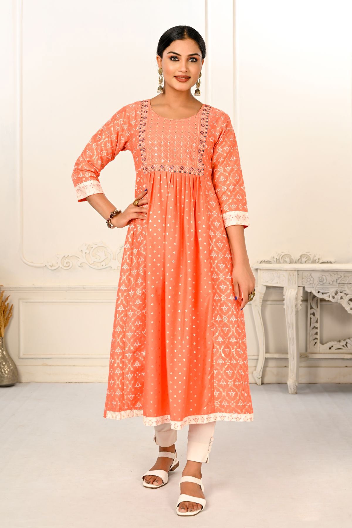 Orange Cotton with Handprint Light Embroidered Kurtis - jivora