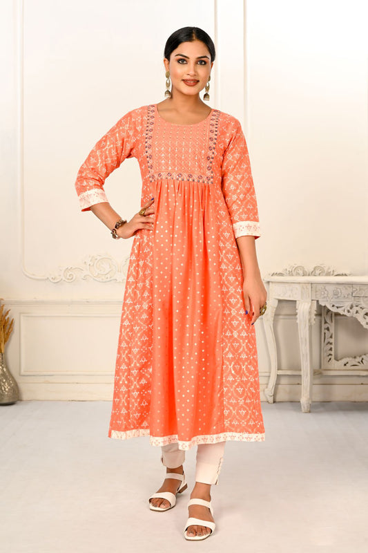 Orange Cotton with Handprint Light Embroidered Kurtis - jivora