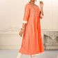 Orange Cotton with Handprint Light Embroidered Kurtis - jivora