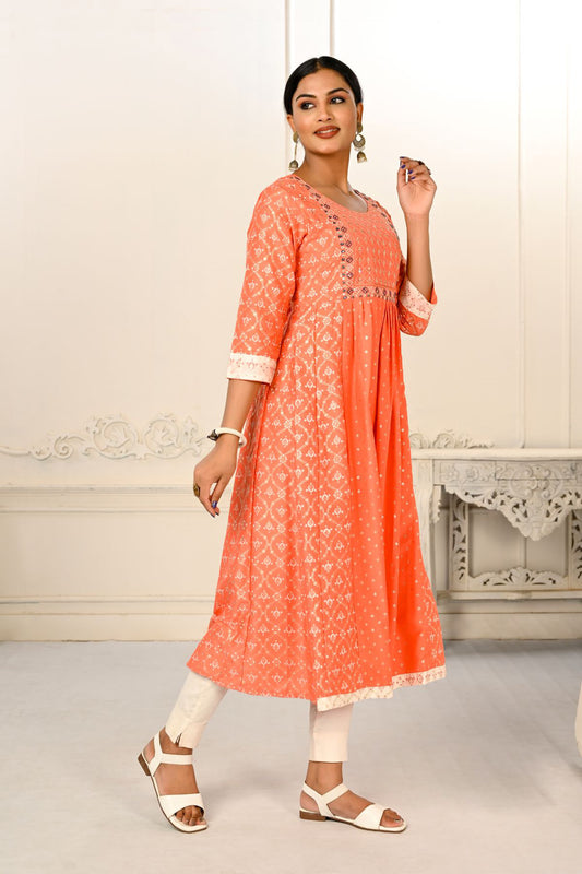 Orange Cotton with Handprint Light Embroidered Kurtis - jivora
