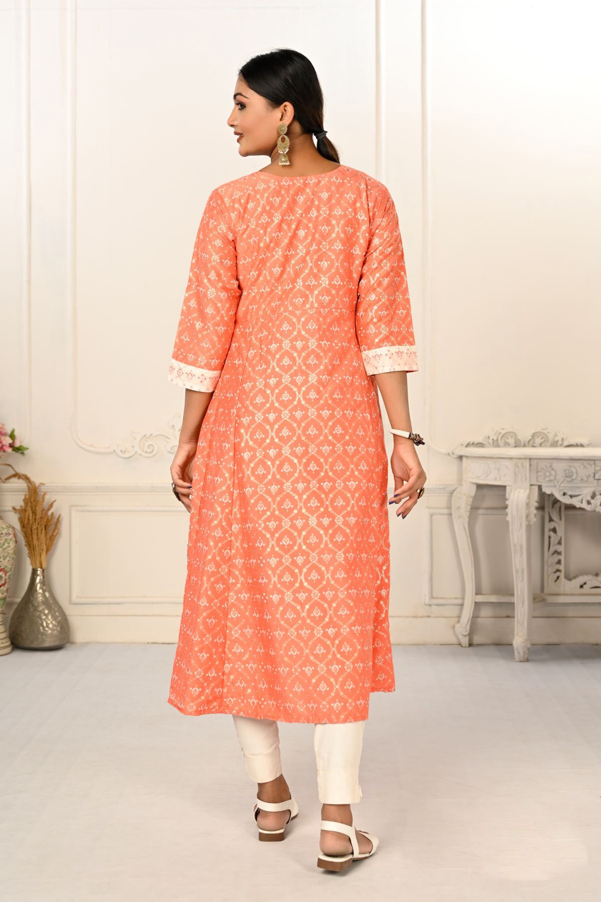 Orange Cotton with Handprint Light Embroidered Kurtis - jivora