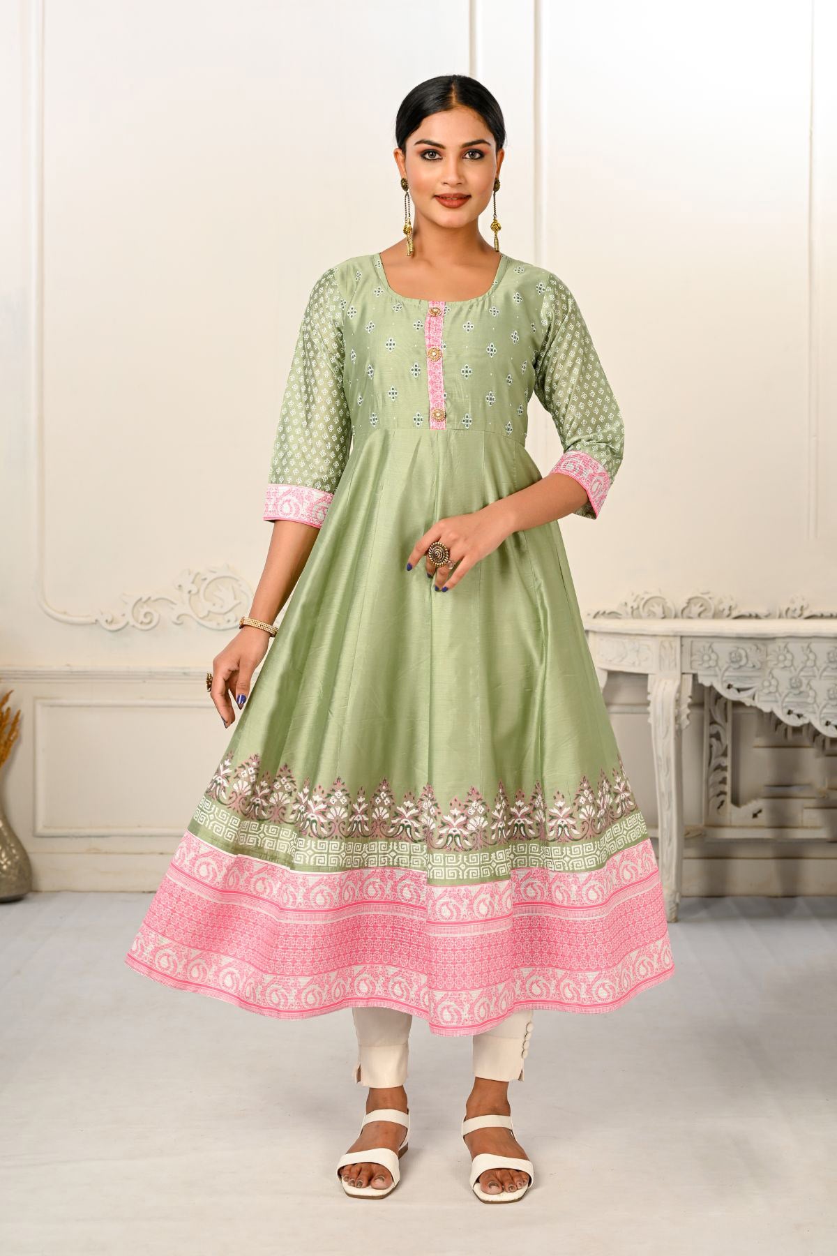 Pista Green Cotton with Handprint Embroidered Kurtis - jivora