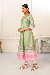 Pista Green Cotton with Handprint Embroidered Kurtis - jivora