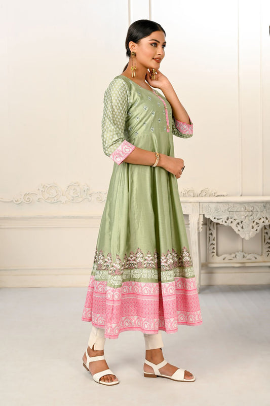 Pista Green Cotton with Handprint Embroidered Kurtis - jivora