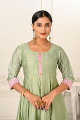 Pista Green Cotton with Handprint Embroidered Kurtis - jivora