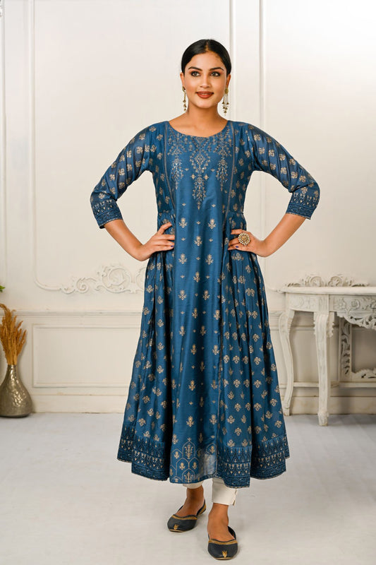 Blue Cotton with Handprint Light Embroidered Kurtis - jivora