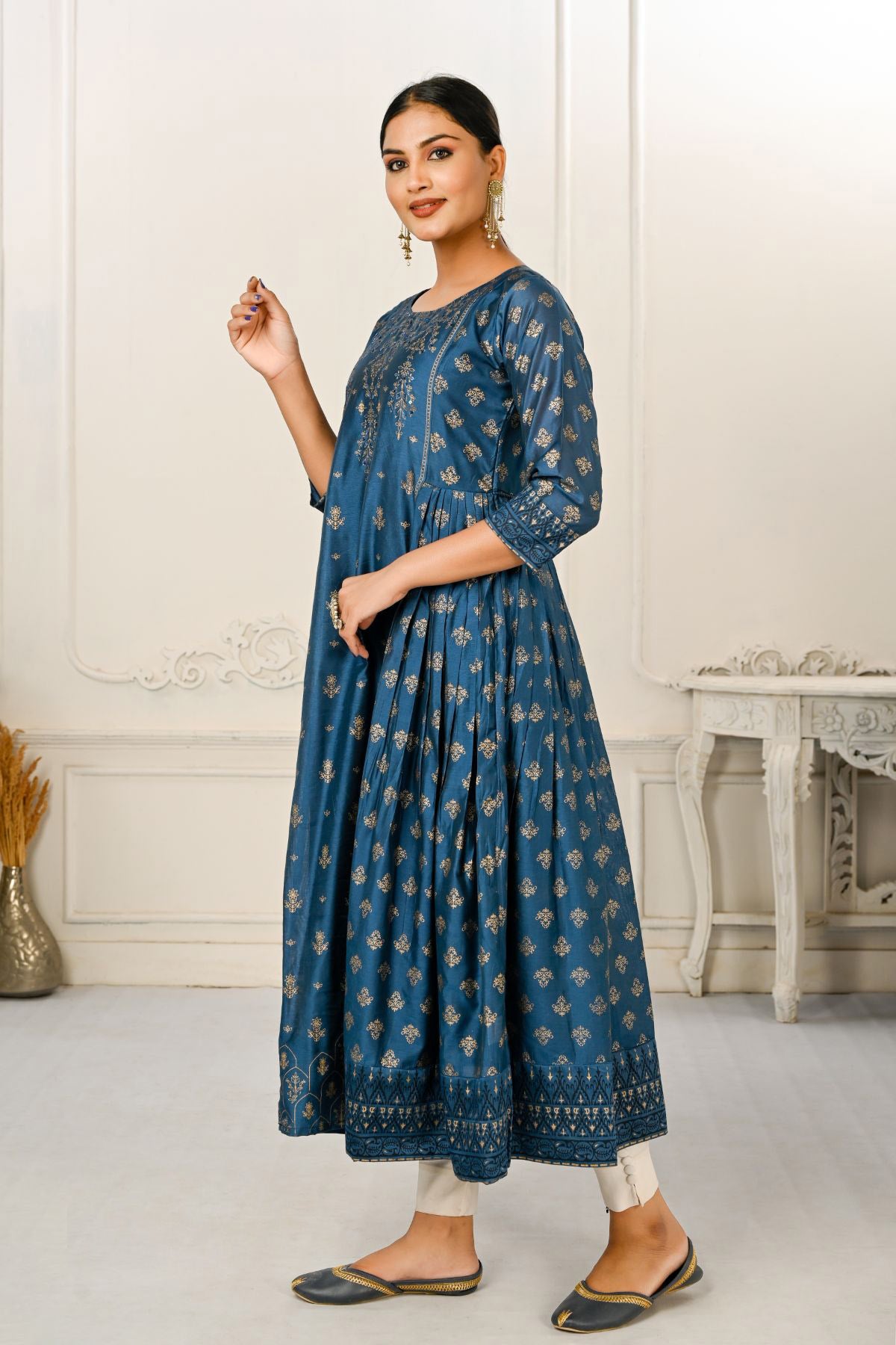 Blue Cotton with Handprint Light Embroidered Kurtis - jivora