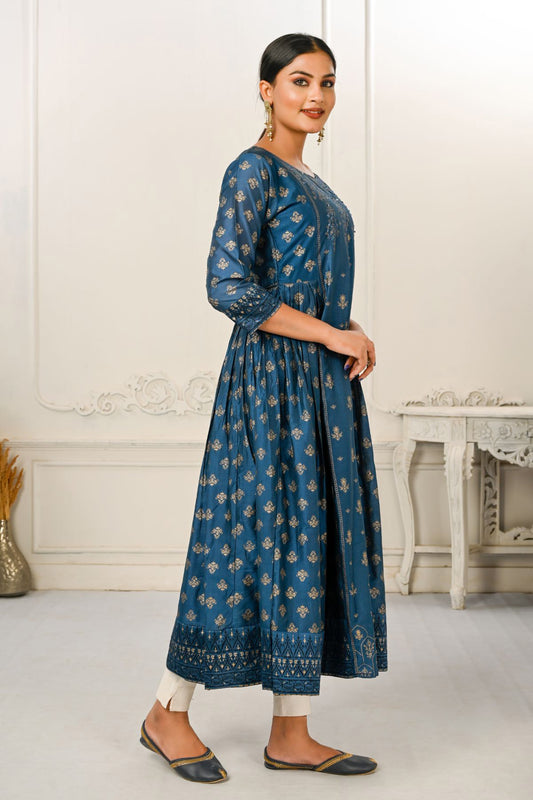 Blue Cotton with Handprint Light Embroidered Kurtis - jivora