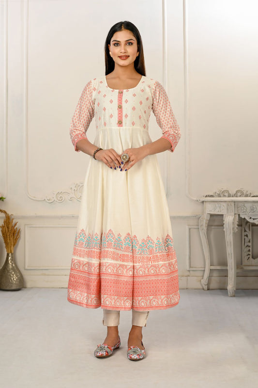 Cream Cotton with Handprint Embroidered Kurtis - jivora