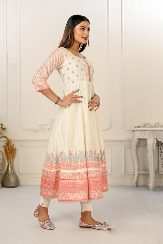 Cream Cotton with Handprint Embroidered Kurtis - jivora