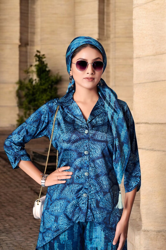Elegant Crepe Silk Co-Ord Set with Pastel Floral Digital Print & Matching Scarf -Dark Blue