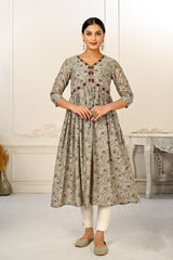 Grey Cotton with Handprint Embroidered Kurtis - jivora