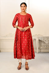 Red Cotton with Handprint Light Embroidered Kurtis - jivora