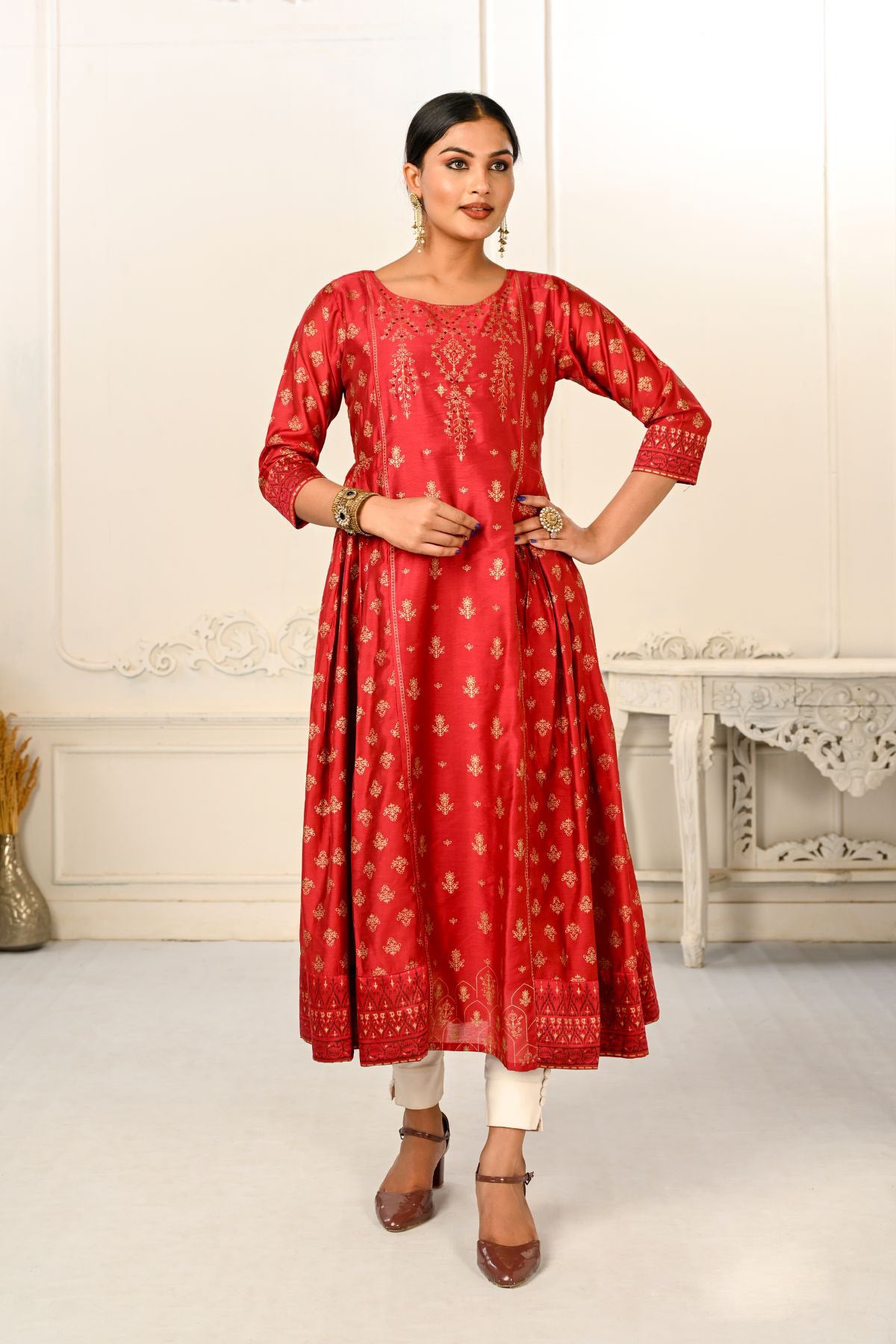 Red Cotton with Handprint Light Embroidered Kurtis - jivora