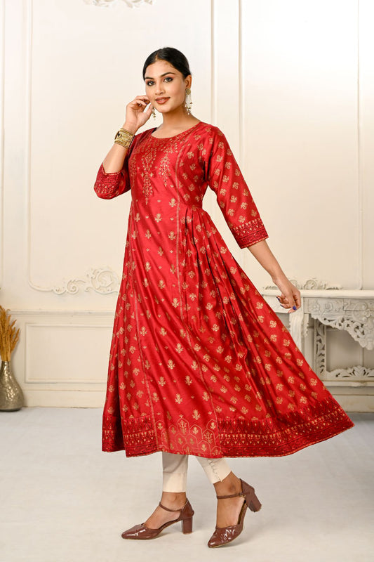 Red Cotton with Handprint Light Embroidered Kurtis - jivora