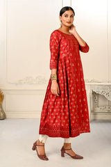 Red Cotton with Handprint Light Embroidered Kurtis - jivora