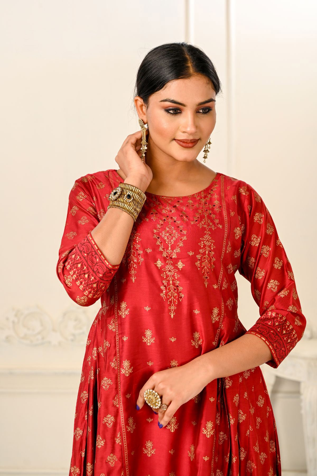 Red Cotton with Handprint Light Embroidered Kurtis - jivora