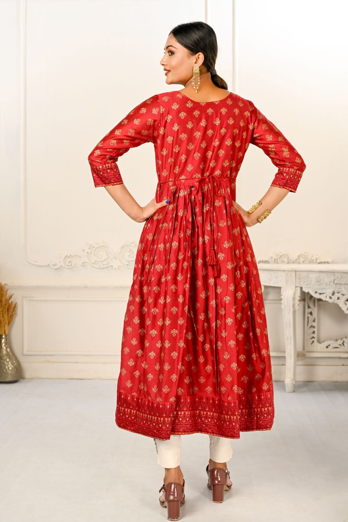Red Cotton with Handprint Light Embroidered Kurtis - jivora