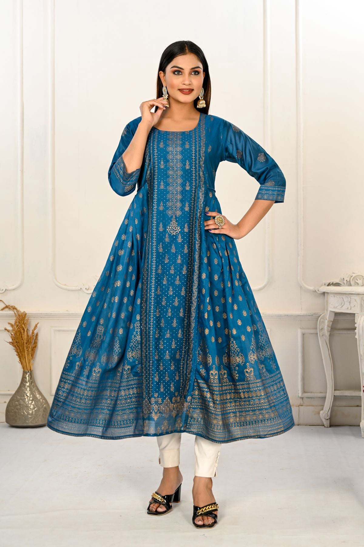 Blue Cotton with Handprint Embroidered Kurtis - jivora