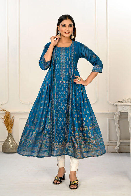 Blue Cotton with Handprint Embroidered Kurtis - jivora