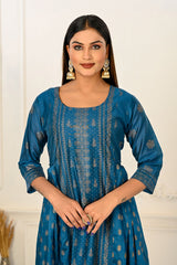 Blue Cotton with Handprint Embroidered Kurtis - jivora