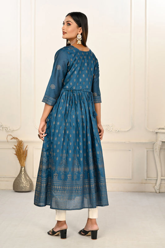 Blue Cotton with Handprint Embroidered Kurtis - jivora