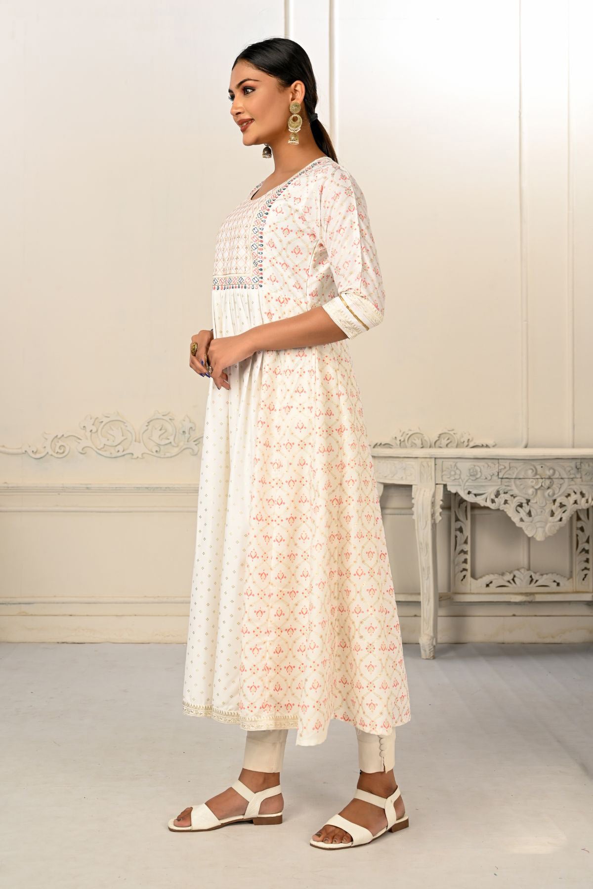 Cream Cotton with Handprint Light Embroidered Kurtis - jivora