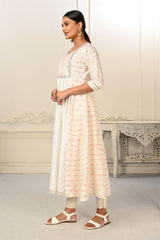 Cream Cotton with Handprint Light Embroidered Kurtis - jivora