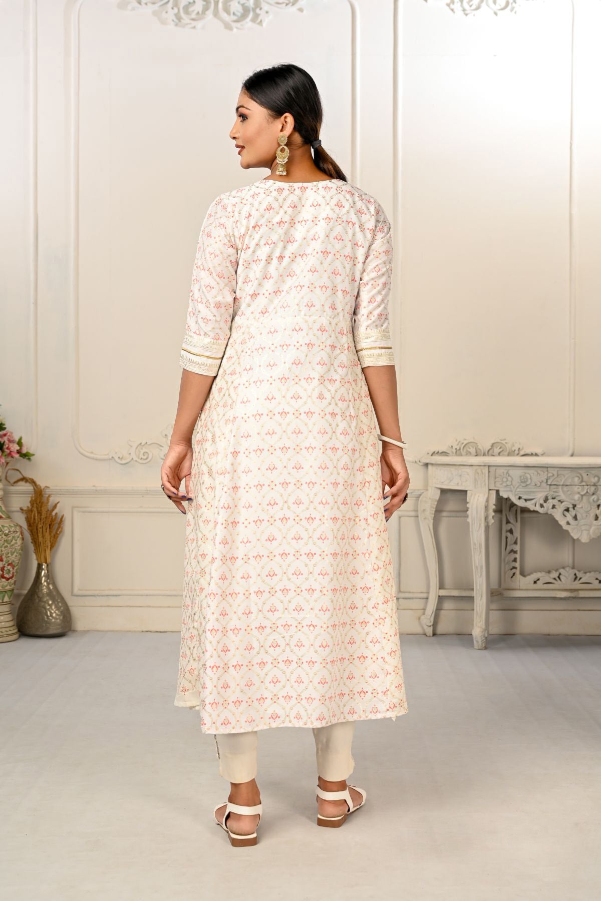 Cream Cotton with Handprint Light Embroidered Kurtis - jivora