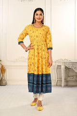 Yellow Cotton with Handprint Embroidered Kurtis - jivora