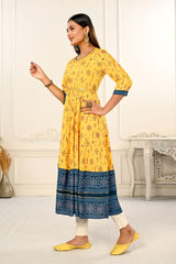 Yellow Cotton with Handprint Embroidered Kurtis - jivora