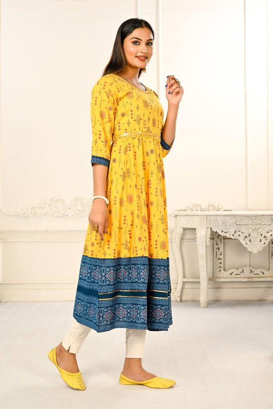 Yellow Cotton with Handprint Embroidered Kurtis - jivora