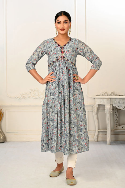 Grey Cotton with Handprint Light Embroidered Kurtis - jivora